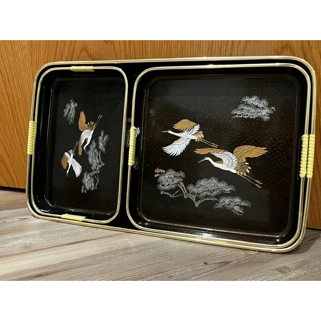 Set of 3 Vintage Japanese Lacquer Serving or Vanity Trays, featuring a traditional flying crane and pine tree design. Made...