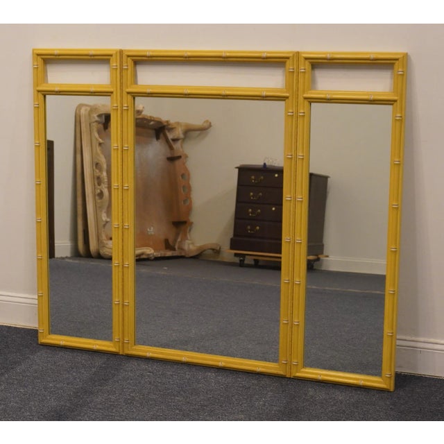 High End Vintage Yellow Painted Asian Inspired Faux Bamboo 56" Tri-View Mirror 625-36 For Sale - Image 4 of 7
