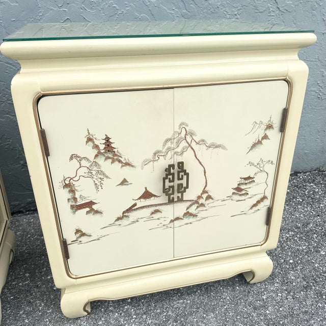 Cream Vintage Chinese Hand Painted Cream and Gold Glass Top Nightstands/Cabinets - A Pair For Sale - Image 8 of 12