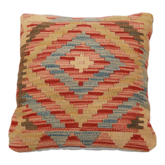 Arteverk Handwoven Afghan Kilim Pillow — Red & Salmon Diamond Medallion For Sale