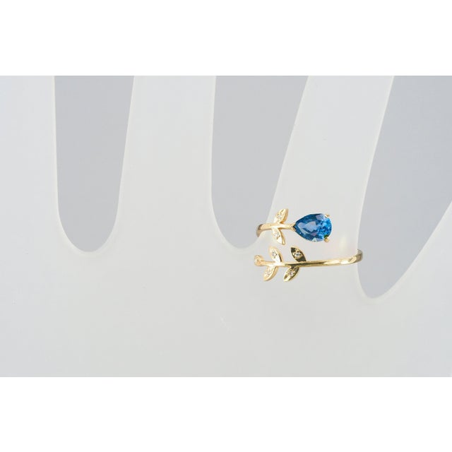 Pear sapphire 14k gold ring. Blue sapphire gold ring. Genuine sapphire ring. Gold leaves ring. Floral gold ring. Delicate...