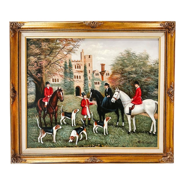 Late 20th Century Framed & Matted English Fox Hunt Equestrian Oil Painting For Sale