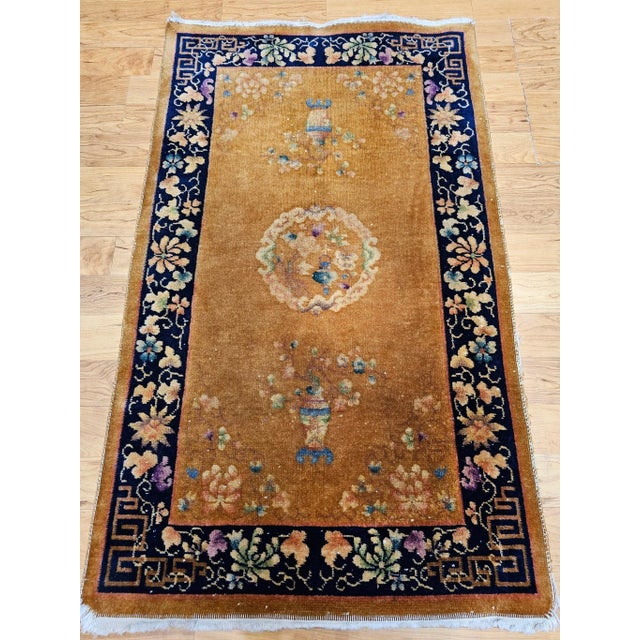 Early 20th Century Vintage Chinese Art Deco Area Rug, Hand-Knotted Wool Pile, Tan, Dark Blue, 1920s For Sale - Image 5 of 12