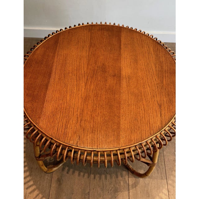 Brown Round Rattan and Wood Wood Coffee Table. Italian Work in the Style of Franco Albini For Sale - Image 8 of 12