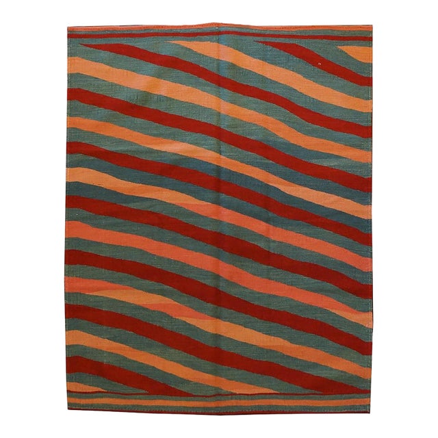 Turkish Safari Kilim 5X6 Striped Red & Orange Handmade Area Rug #1142567 For Sale