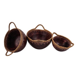 Vintage Indonesian Handmade Nesting Wooden Bowls With Woven Handles For Sale
