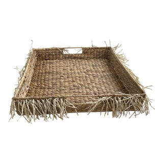 Vintage Extra Large Natural Seagrass Tray W/Raffia Fringe For Sale