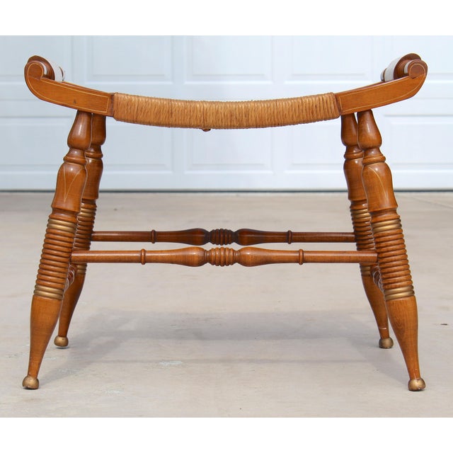 Vintage Hitchcock-Style Maple Bench With Woven Rush Seat & Gold Stenciling For Sale - Image 4 of 18