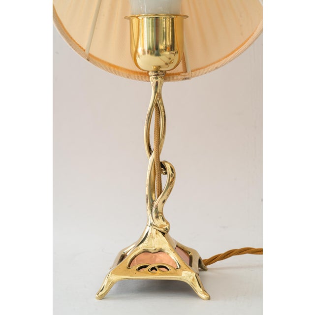 Jugendstil Brass Table Lamps with Fabric Shades, Vienna, Austria, 1908, Set of 2 For Sale - Image 3 of 18