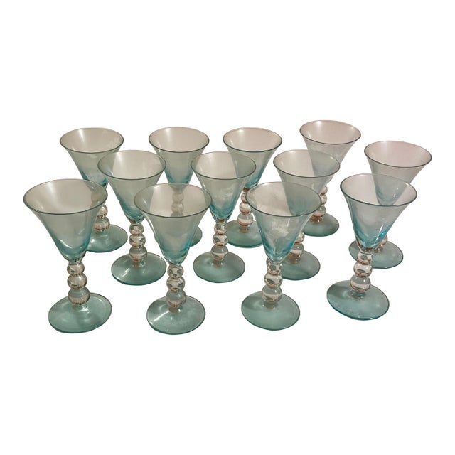 1960s One Dozen (12) Vintage Turquoise Glass Cordials With Bubble Stems For Sale