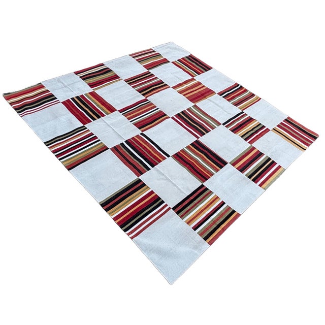 Casa Cosima Handmade Cotton Tile Patterned Striped Rug, Cream, Red, Green and Mustard Dhurrie- 10'x10' For Sale - Image 4 of 18