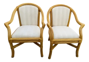 Coastal Rattan Upholstered Arm Chairs-a Pair