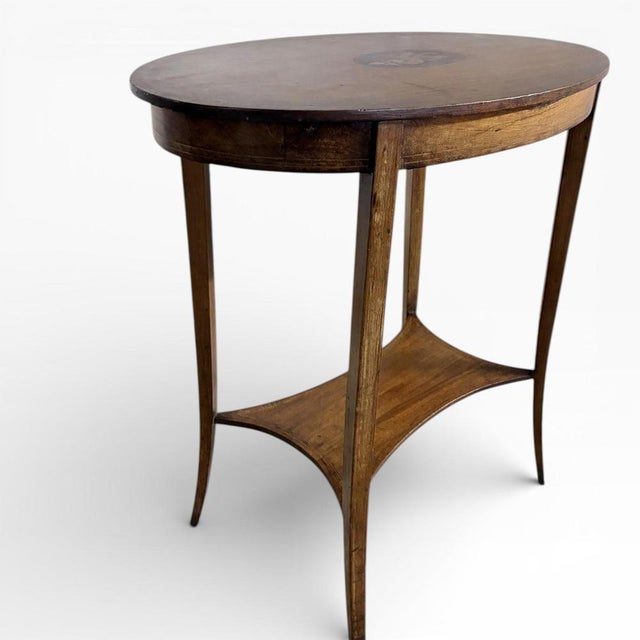 Antique Edwardian Oval Side Table in Wood with Inlay and Tapered Legs For Sale - Image 5 of 7