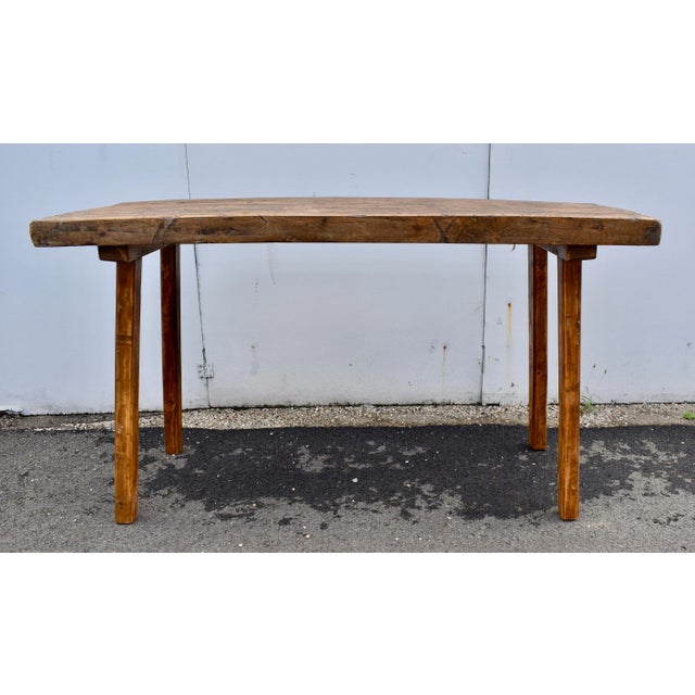Two slabs of oak almost 3” thick are joined with a spline to form the top of this large Pig Bench. Square oak legs are...
