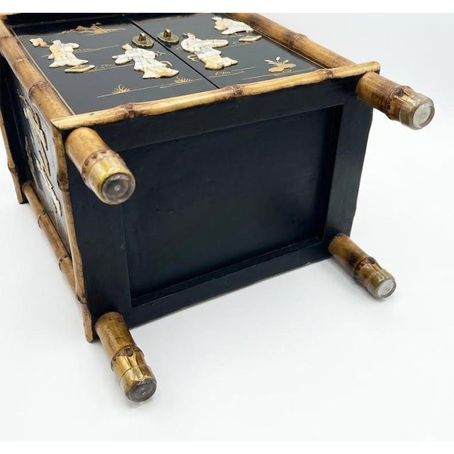 Black Vintage Black Lacquer & Faux Bamboo Chinoiserie Narrow Accent Cabinet With Mother-of-Pearl Inlay For Sale - Image 8 of 10