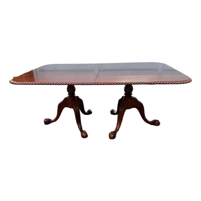 Vintage Chippendale Style Ball and Claw Feet Double Pedestal Dining Table For Sale