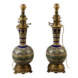 Electrified Kerosene Lamps in Glazed Earthenware with Gilt Bronze Mounts and Geometric Decor from Longwy, Late 19th Century, Set of 2 For Sale