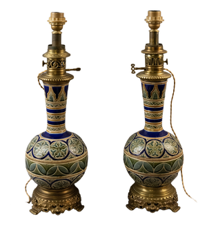Electrified Kerosene Lamps in Glazed Earthenware with Gilt Bronze Mounts and Geometric Decor from Longwy, Late 19th Century, Set of 2