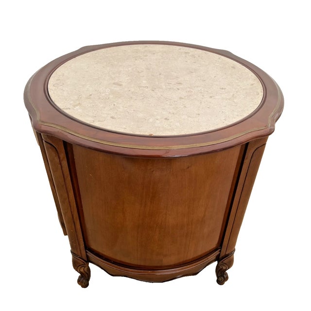 1960s 1960s French Style Round Table With Cabinet and Marble Top Solid Walnut, Swing Door For Sale - Image 5 of 12
