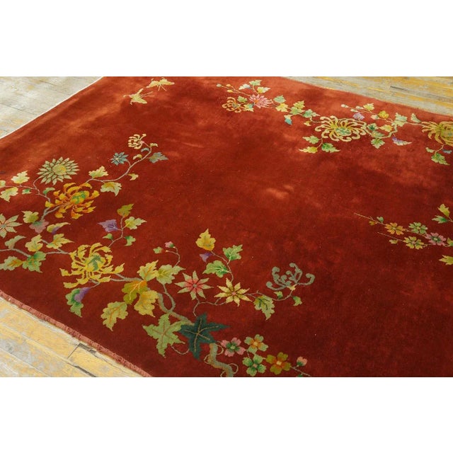 Art Deco 1930s Ruby Red Floral Antique Chinese Art Deco Carpet 6' X 8' 6'' Knotted Pile Wool Rug For Sale - Image 3 of 11