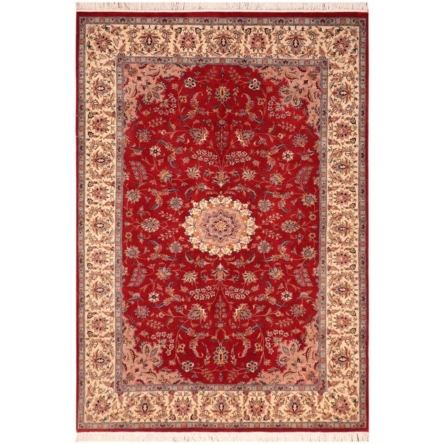 Shabby Chic Medallion 1990's Pak-Persian Red/Ivory Wool Rug - 6'2'' X 9'3'' For Sale - Image 9 of 9