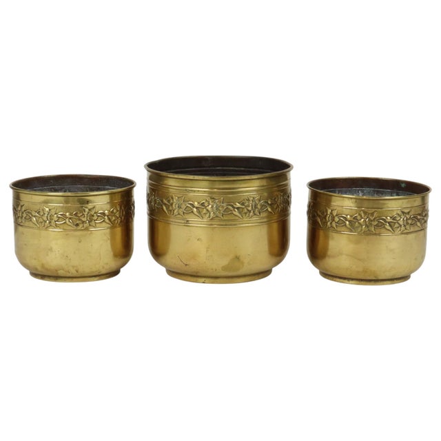 Brass Repoussé Flower Planters, France, Set of 3 For Sale - Image 11 of 18