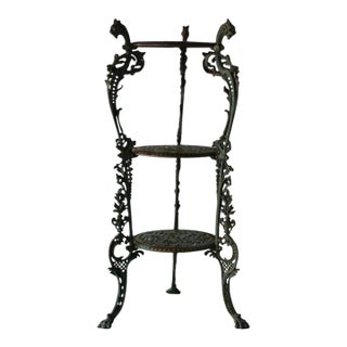 Victorian Style Cast Iron Three Tiered Jardinière Plant Stand Lion Head Paw Footed Details Vintage For Sale