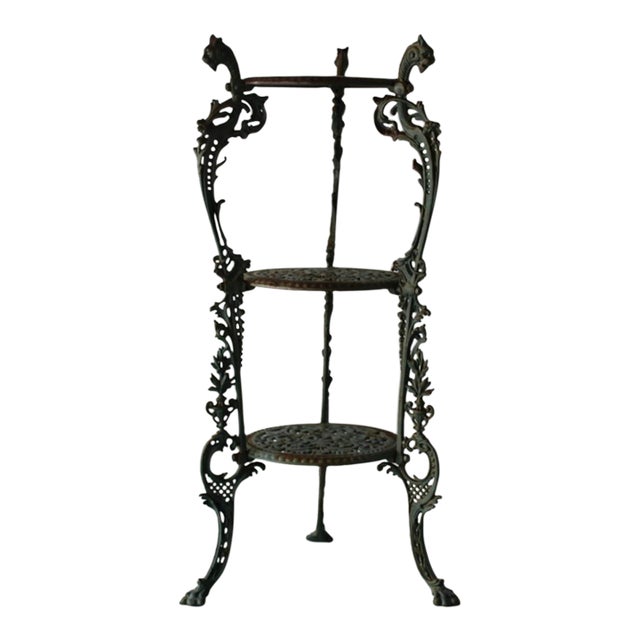 Victorian Style Cast Iron Three Tiered Jardinière Plant Stand Lion Head Paw Footed Details Vintage For Sale