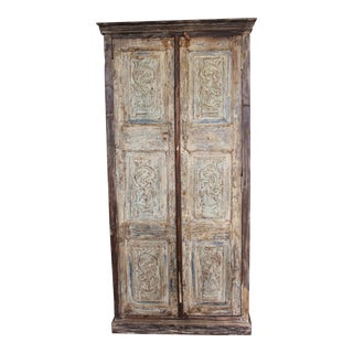 Antique Indian Almirah Farmhouse Design Hand Carved Wardrobe For Sale