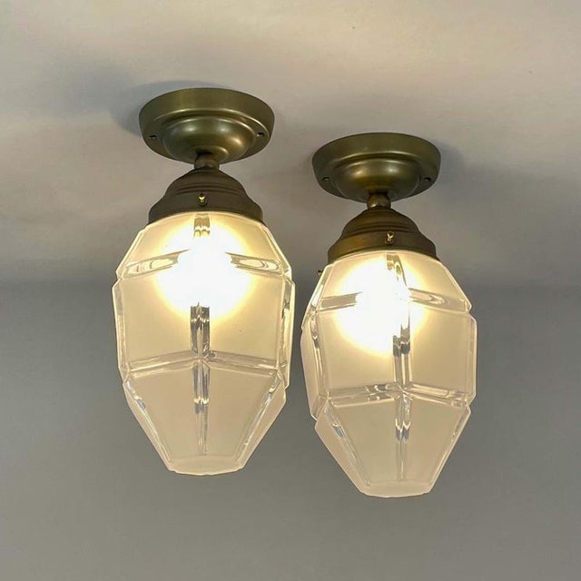 Art Deco Frosted Glass and Burnished Brass Flush Mounts, Austria, 1920s, Set of 2 For Sale - Image 15 of 16