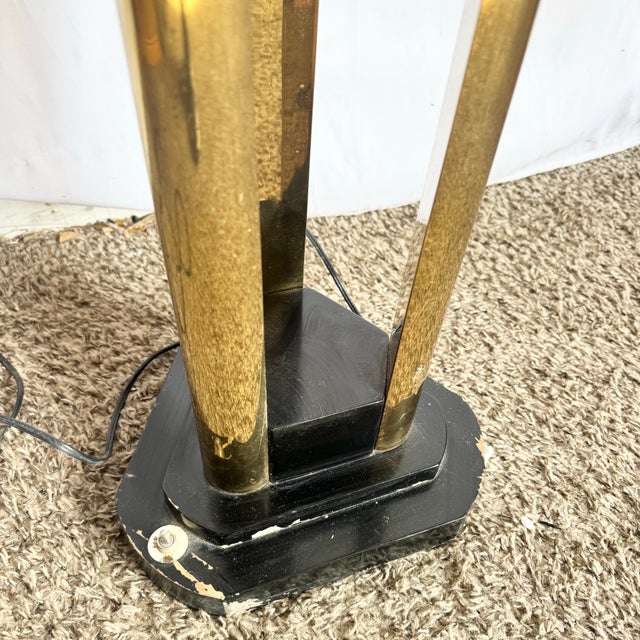 Metal Art Deco Sculptural Acrylic and Brass Torchiere Floor Lamp With Calla Lily-Inspired Shades For Sale - Image 7 of 12