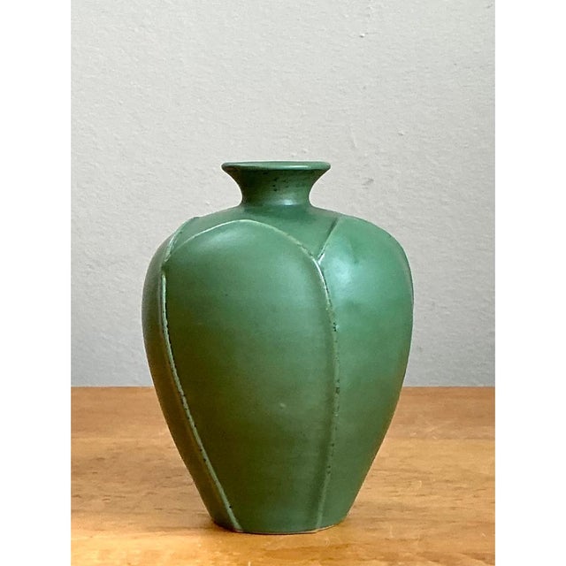 Vintage Geometric Green Ceramic Vase For Sale - Image 9 of 12