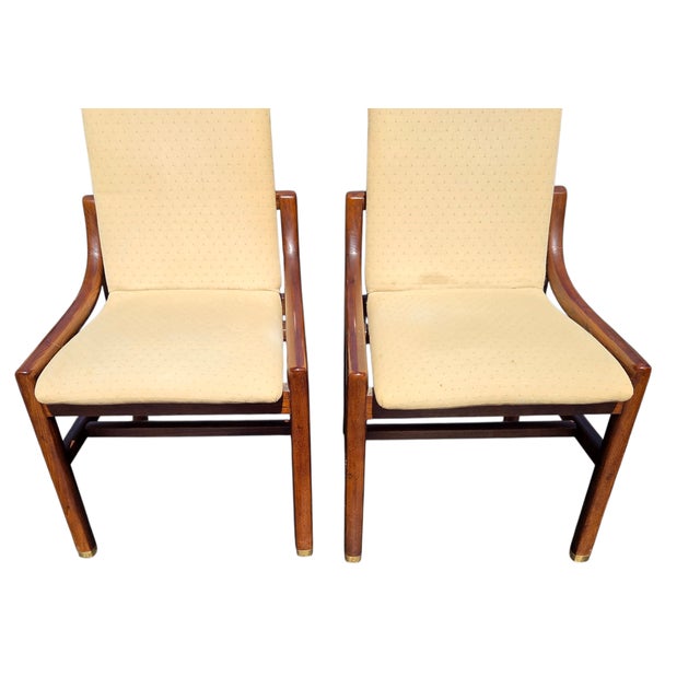 Mid-Century Modern 1980s 2 Henredon Scene One Campaign Dining Room Side Chairs MCM Oak Brass For Sale - Image 3 of 14