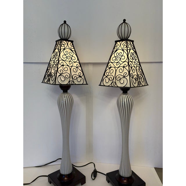 Vintage Mid-Century-Spanish Revival Wrought Iron Glass Table Lamps - A Pair For Sale In Boise - Image 6 of 6