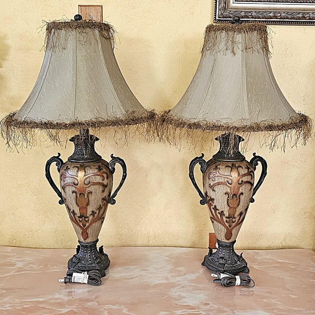Neoclassical Pair of Vintage Neoclassical Urn Table Lamps With Decorative Fringe Shades For Sale - Image 3 of 18
