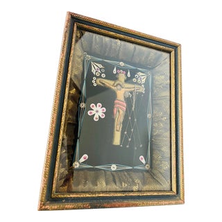Antique Textile Needlwork Religious Framed Diorama For Sale