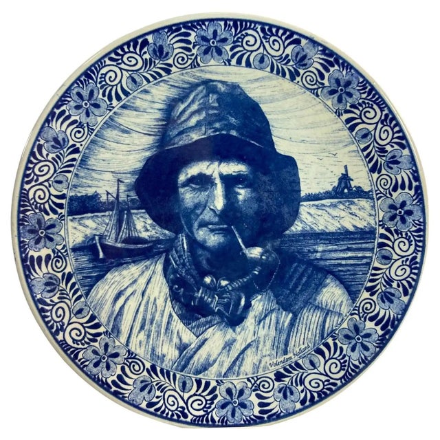 A wonderfully expressive vintage Dutch Delfts Blauw blue and white ceramic wall charger, handmade in Holland and decorated...