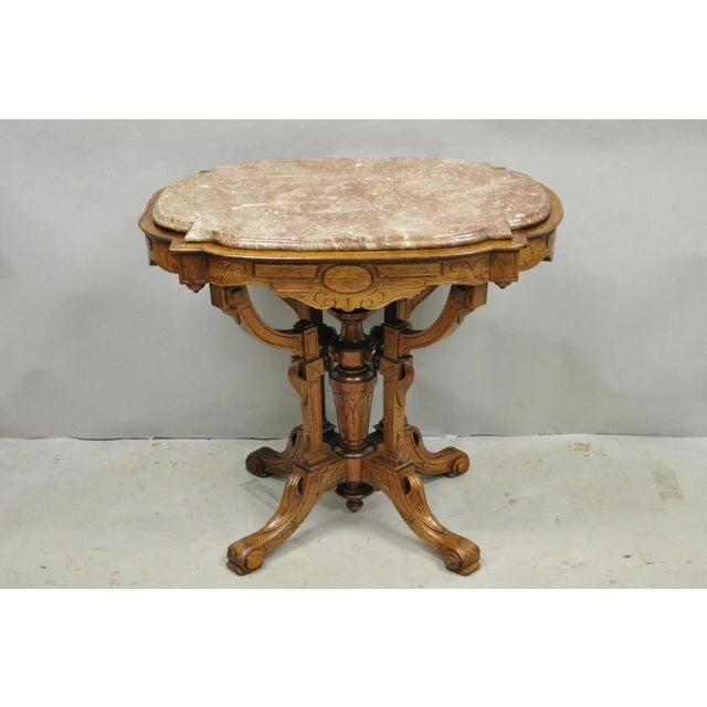 Antique Eastlake Victorian Carved Walnut Marble Top Parlor Lamp Side Table For Sale - Image 14 of 14