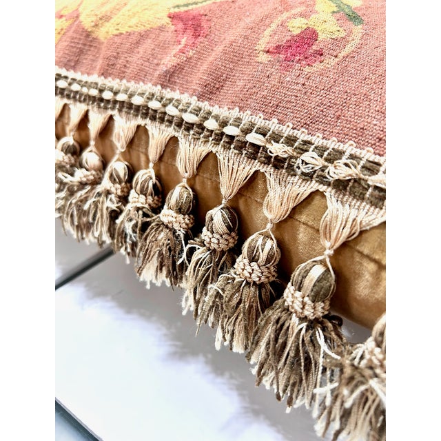 Rose Aubusson Style Tapestry Lumbar Pillow – Heraldic Griffin Motif With Tassel Fringe, French Traditional Accent Cushion For Sale - Image 8 of 12