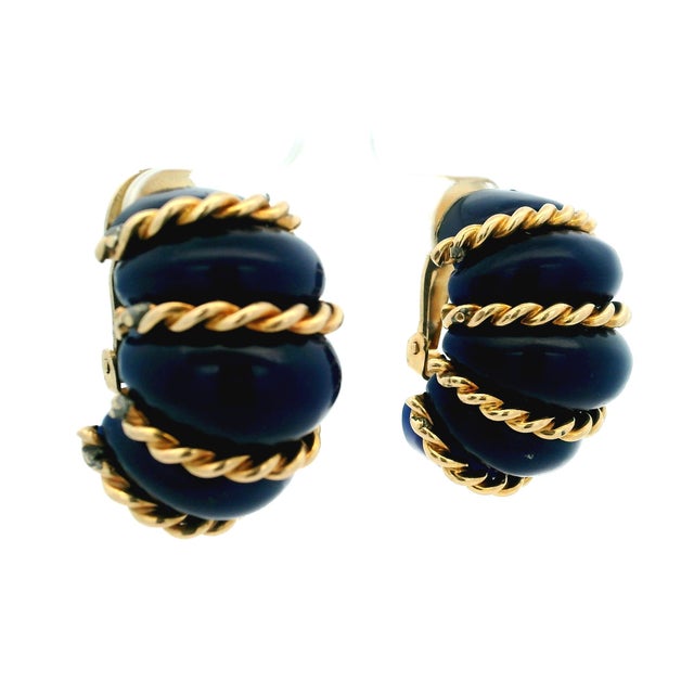 1960 Estate Blue Agate & 14k Gold Ribbed Earrings For Sale - Image 4 of 14