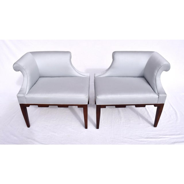 Sophisticated, sculptural & symmetrical pair of Baker Castle corner chairs; left & right, ready for use. Seats 18" H/...
