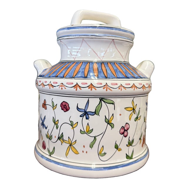 1970s Signed Brazilian Vintage Ceramic Floral Jar Folk Style Storage For Sale
