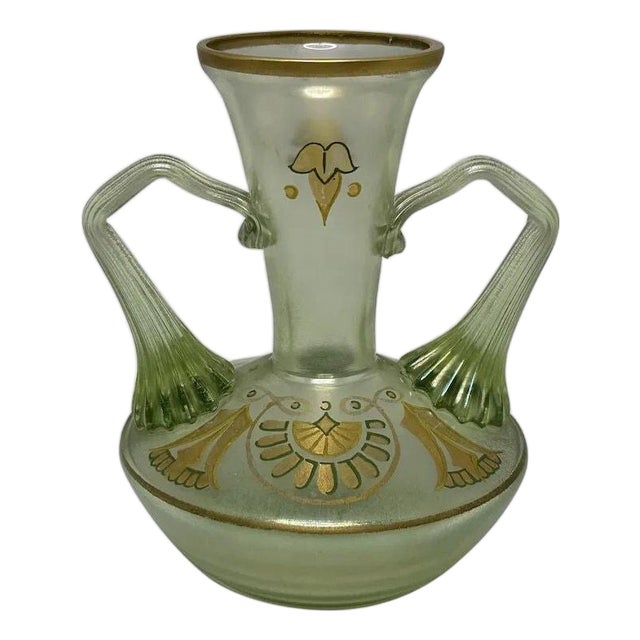 Fritz Heckert Art Glass Vase, Enameled Egyptian Revival Decor For Sale