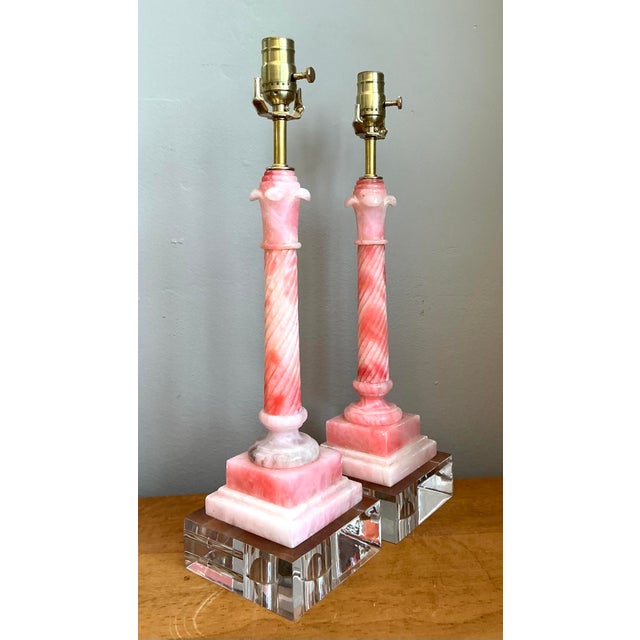Vintage Pink Marble Carved Column Lamps - A Pair For Sale - Image 4 of 12