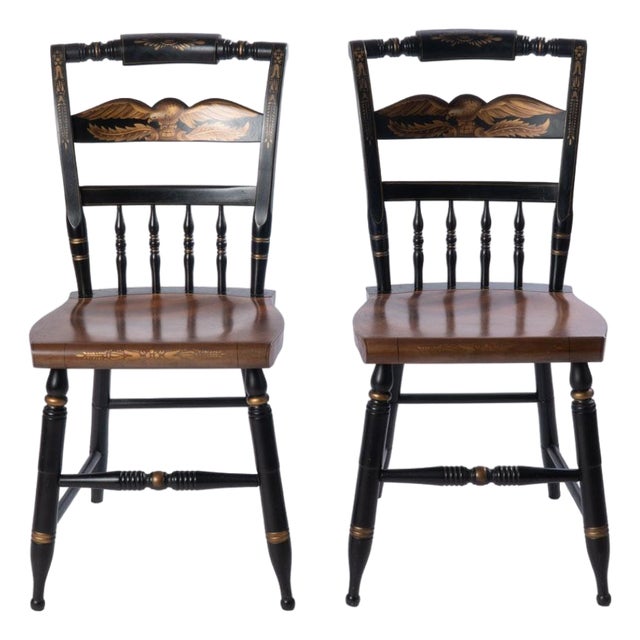 Pair of Signed Vintage Hitchcock Chairs With Eagle Decoration For Sale