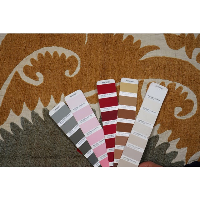 Suzani Wall Hanging, Mustard Green Red Uzbek Hand Embroidery 4'2'' X 4'5'' For Sale - Image 10 of 10