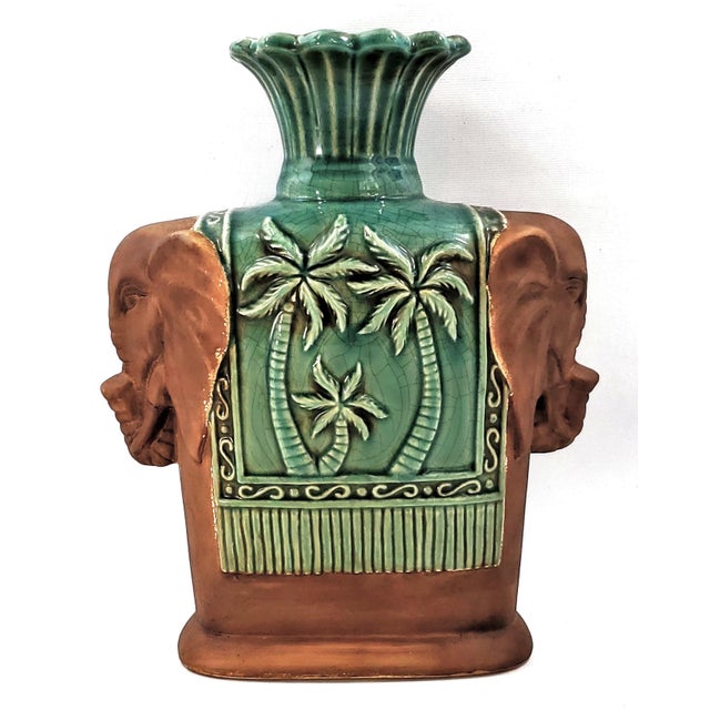 Large Vintage Ceramic Elephant Vase With Brown Matte Glaze and High Gloss Teal Glaze in Center