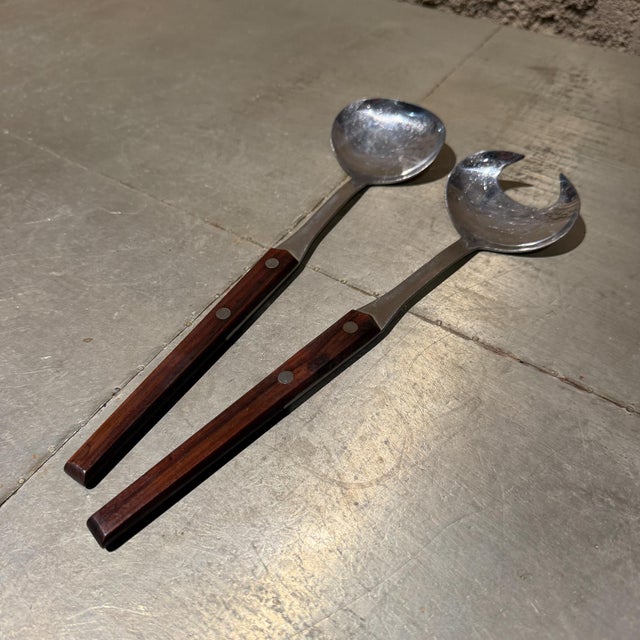 WMF Cromargan Wood & Stainless-Steel Salad Servers Mid Century Modern Dansk For Sale - Image 11 of 11