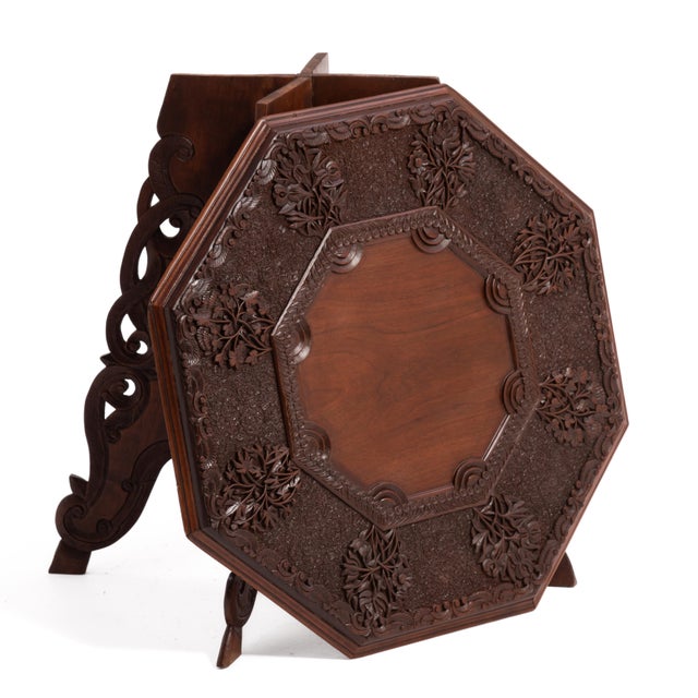 Anglo Indian Intricately Carved Teak Folding Campaign Table Octagon Top For Sale - Image 9 of 17