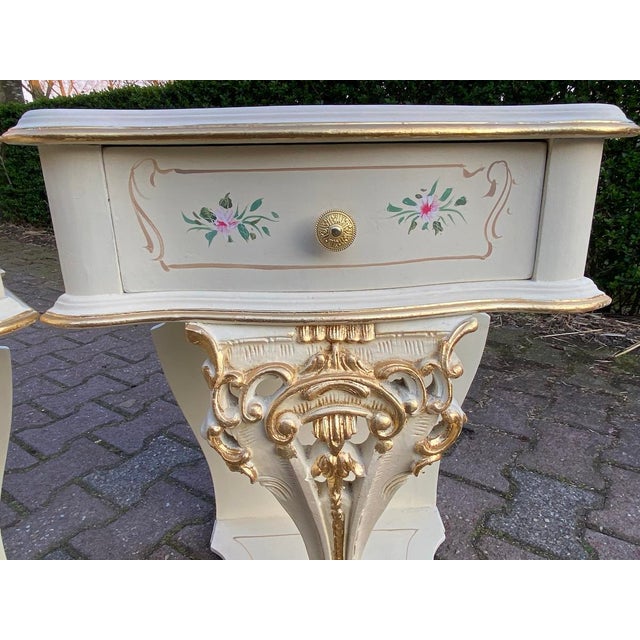 19th Century 1899 Italian Rococo Cream Gilt Beech Nightstands - Pair For Sale - Image 5 of 10